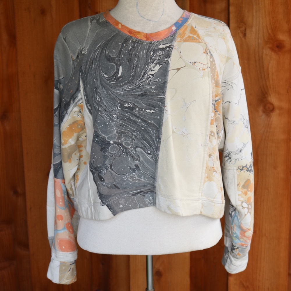Niffich Hand Marbled Quilted Patchwork Cropped Crewneck Fleece Sweatshirt